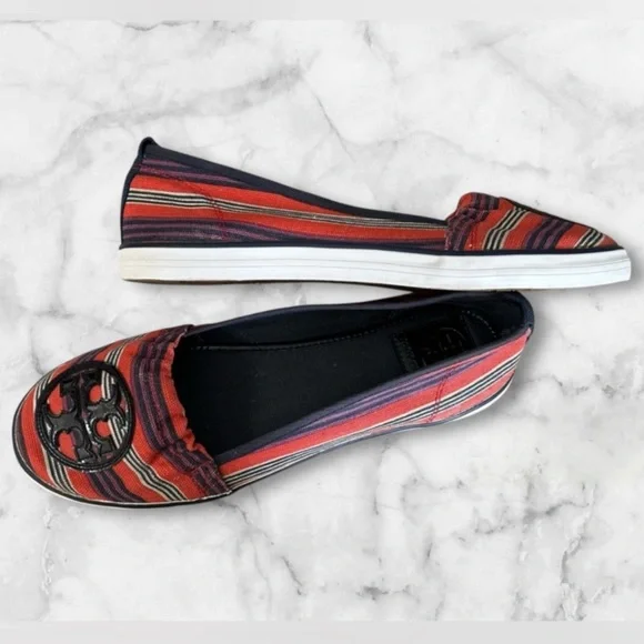 Tory Burch Raymond Canvas Flats Black Patent Logo Slip Ons Red White Blue Size 8 - Picture 11 of 13